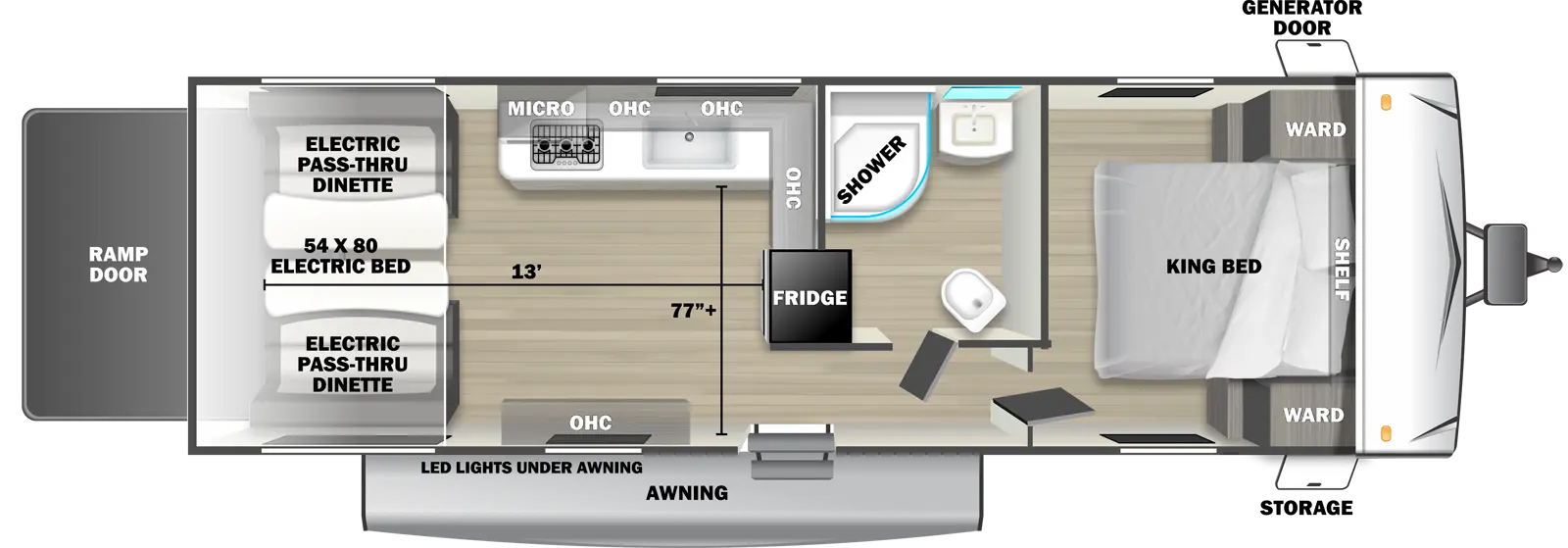 The 2550RLX travel trailer has no slide outs, 1 entry door and 1 rear ramp door. Exterior features include an awning with LED lights, front door side storage and front off-door side generator door. Interior layout from front to back includes: front bedroom with foot-facing King bed, shelf over the bed, and front corner wardrobes; off-door side bathroom with shower, linen storage, toilet and single sink vanity; off-door side kitchen with L-shaped countertop, overhead microwave, overhead cabinets, sink and refrigerator; door side overhead cabinet; rear 54 x 80 electric bed over electric pass-through dinette. Cargo length from rear of unit to refrigerator is 13 ft. Cargo width from kitchen countertop to door side wall is 77 inches.